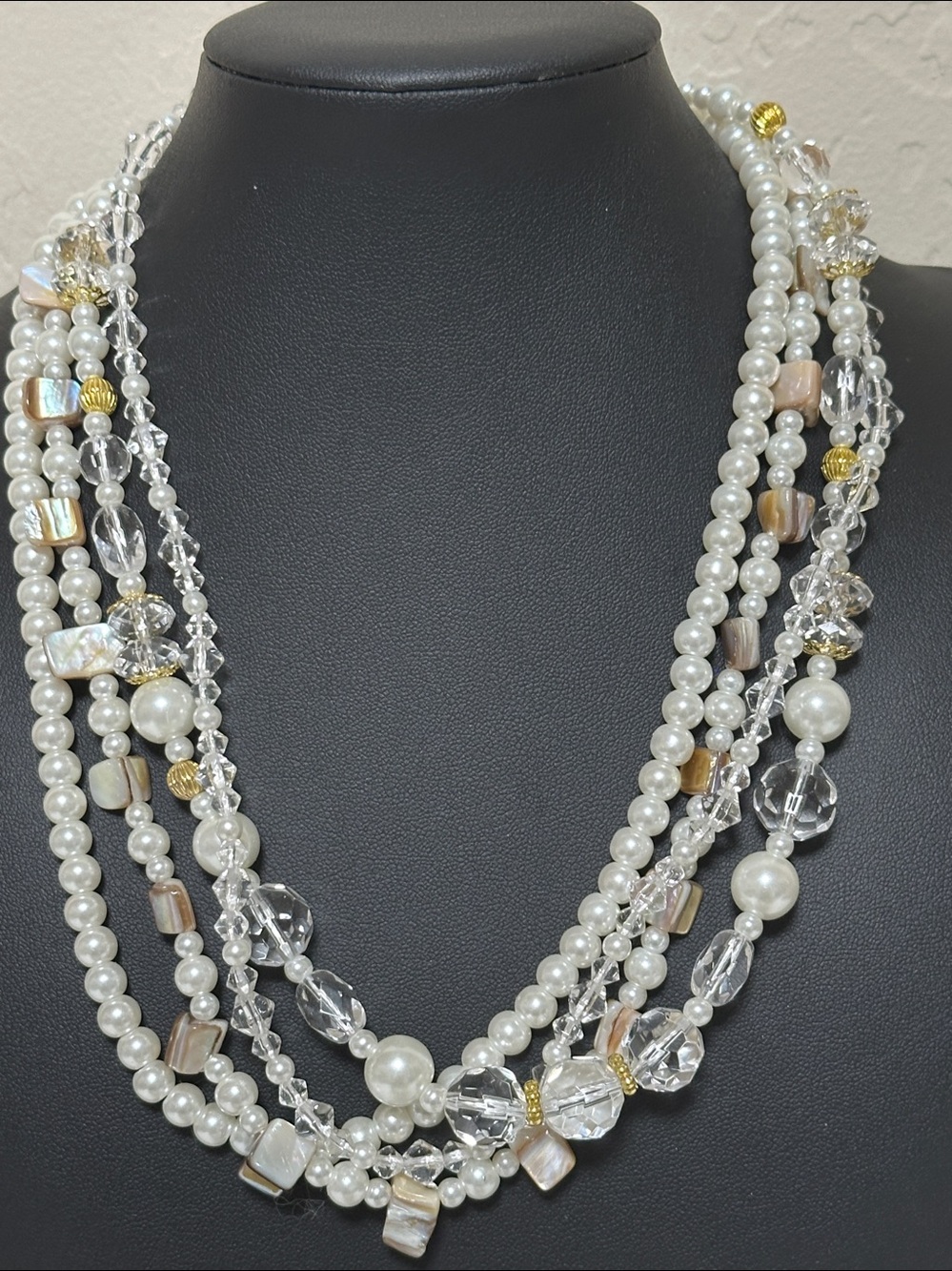 Premier Designs DayDream 4 Strand Faux Pearl, Crystal & Shell Statement Necklace